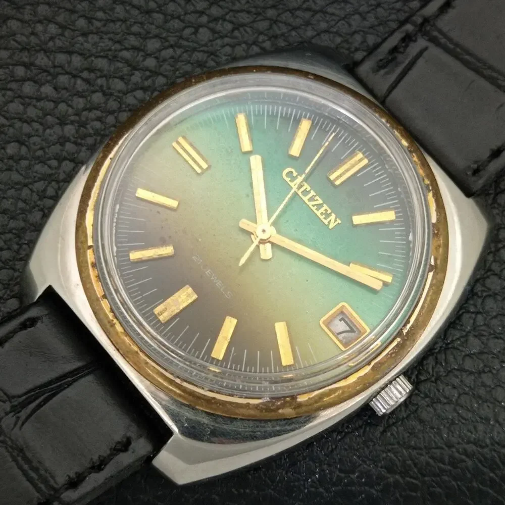 Vintage 1981 Citizen Manual Mens Silver Watch W/daydate & Green accents